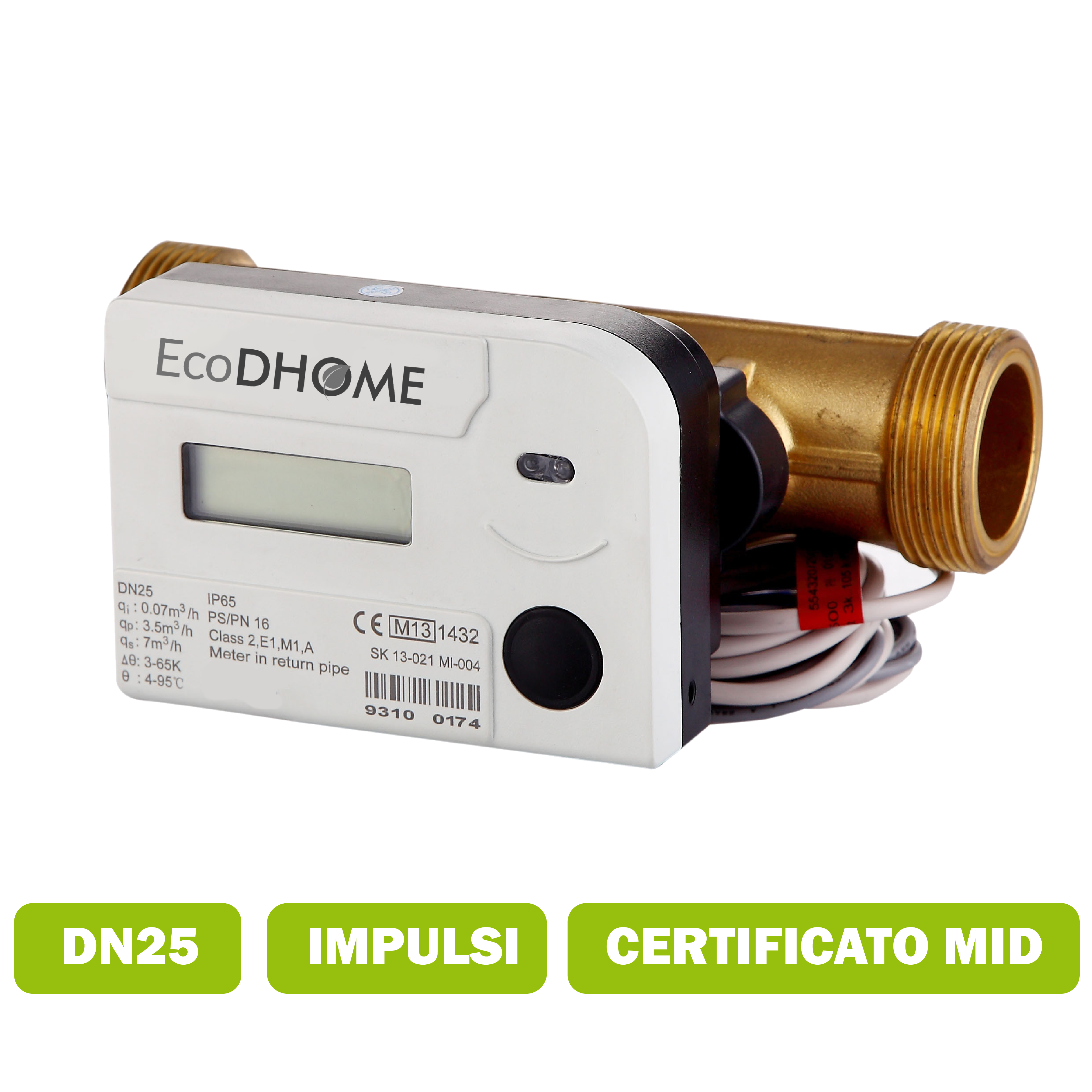 Heat meter a ultrasuoni DN25 portata media 3.5 m3/h con interfaccia impulsi certificato MID